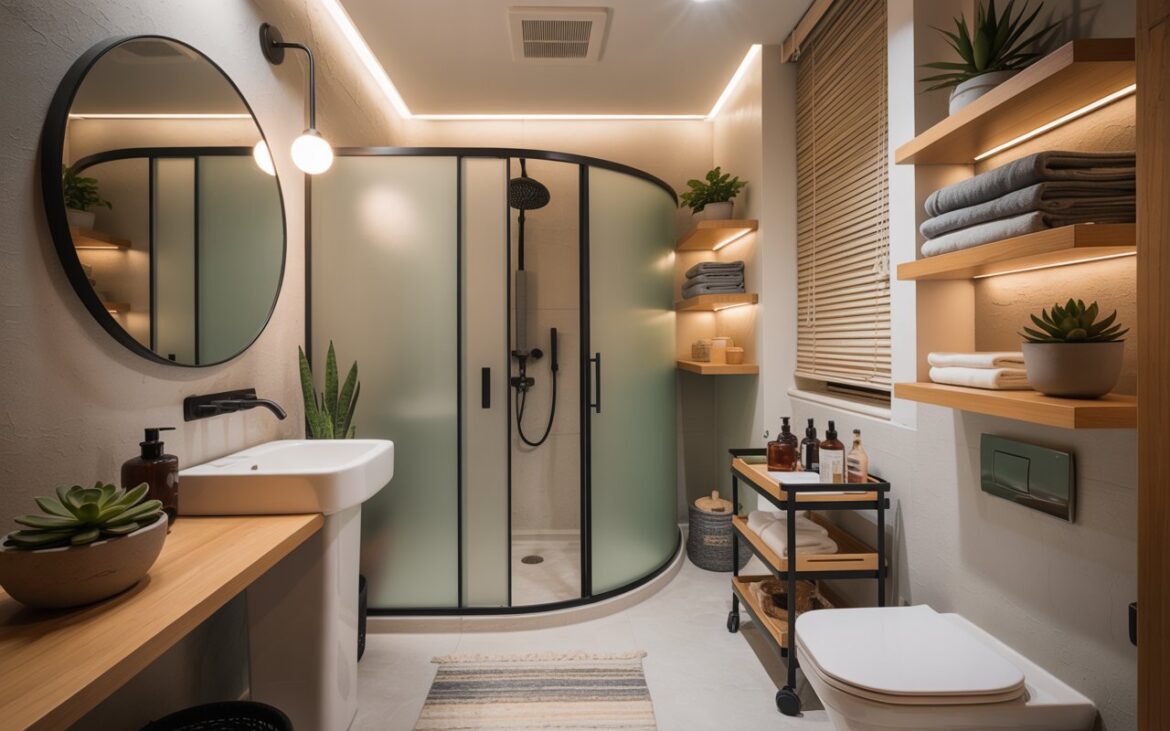 A photograph of a meticulously organized, compact bathroom blending Japandi, Asian Zen, and coastal aesthetics. A sleek white pedestal sink sits beneath a round mirror, complemented by a corner shower enclosed in frosted glass and a wall-hung toilet with a minimalist design. Floating shelves crafted from light bamboo hold neatly folded towels and potted succulents, while a slim rolling trolley houses essential toiletries and a small chandelier illuminates the space from the recessed ceiling with LED lighting. Soft, neutral tones, layered rugs, and ambient lighting create a cozy and functional sanctuary despite the lack of natural light.