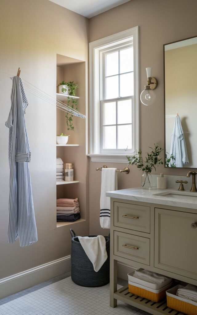 A photo of a modern-chic meets traditional bathroom with a small window letting in soft natural light. A retractable clothesline is stretched across the room, with a few clothes neatly hanging in a corner nook. The bathroom has neutral-toned walls, a classic vanity with clean lines, and modern brass fixtures. Subtle decorative accents like potted greenery, folded towels, and small storage baskets are visible.