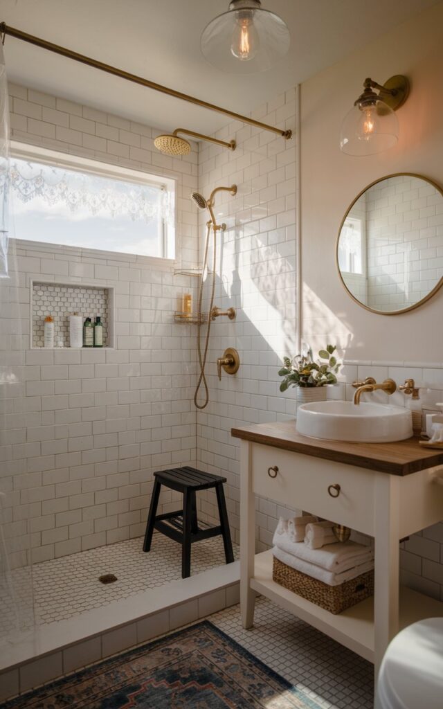 A photo of a small modern cottagecore bathroom with all the functional essentials. The space has a clear shower curtain, making it feel open and airy. The shower area features white subway tiles with delicate brass fixtures, a rainfall showerhead, a stool, recessed shelves with essentials. The rest of the bathroom includes a compact vanity with a wooden countertop, a round framed mirror, and small floating shelves holding potted plants and neatly folded towels. The floor has an area rug, and the ceiling has pendant warm lighting. Soft natural light streams in through a small window with lace trim, giving the space a fresh, charming, and welcoming vibe.