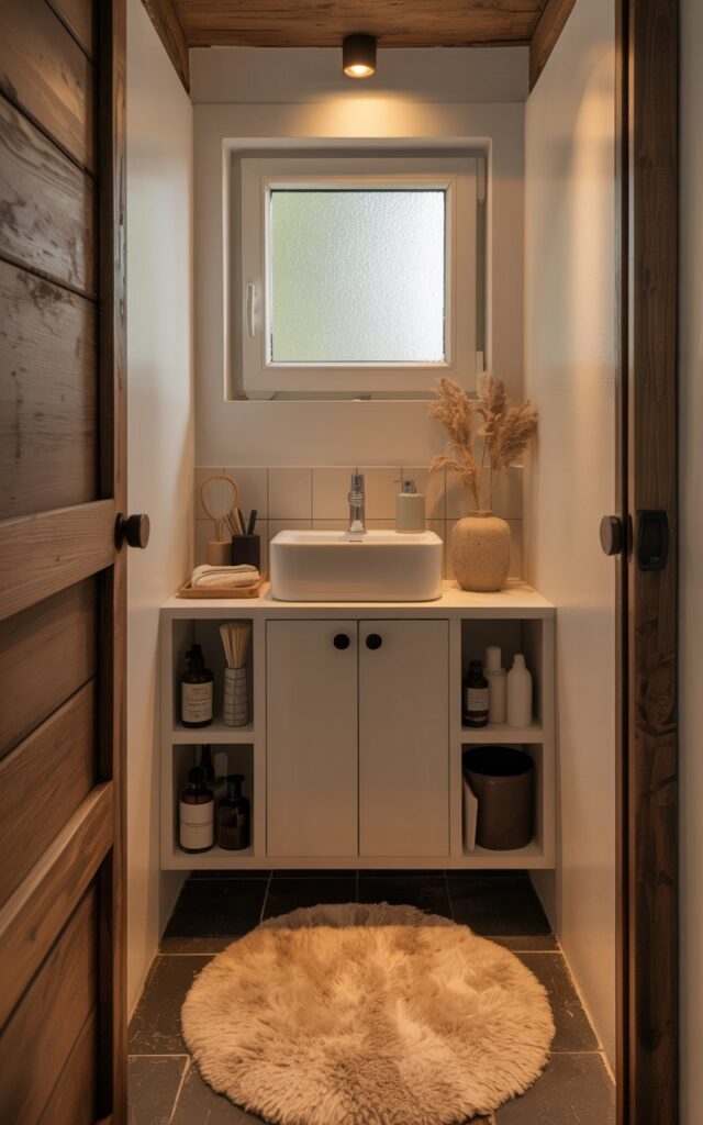 A photograph of a small, modern rustic bathroom centered around a compact white vanity. The vanity features integrated under-sink organizers neatly concealing bottles, brushes, and daily essentials, contributing to a clutter-free aesthetic. Warm wood finishes contrast with the cool grey stone tiles on the floor, and a plush, textured cream-colored rug adds a touch of cozy comfort. Soft, diffused natural light streams through a small frosted window, creating a peaceful and inviting atmosphere.