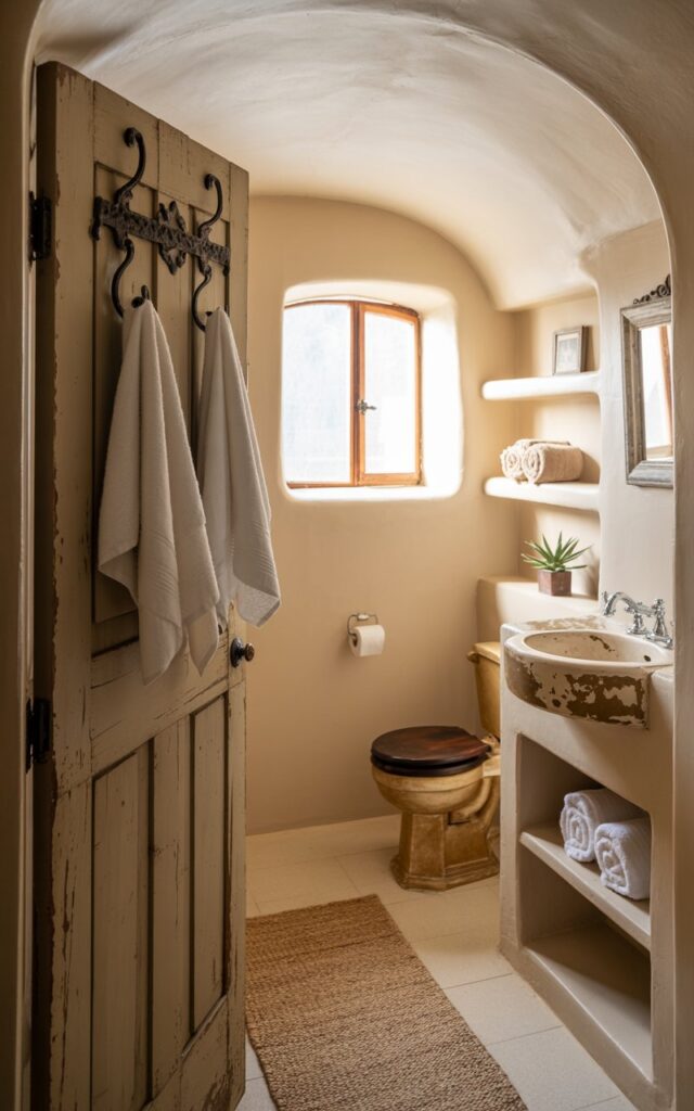 A photograph of a small, rustic-chic bathroom viewed from within, emphasizing its cozy and functional design. A weathered wooden door stands slightly ajar, displaying three folded white towels hanging on antique wrought-iron hooks. The bathroom features a vintage porcelain toilet and a vanity with a chipped ceramic sink, complemented by open shelves displaying rolled towels and potted succulents. Soft, natural light streams through a small, arched window, illuminating the textured walls and a patterned jute rug on the floor, creating a serene and inviting atmosphere.