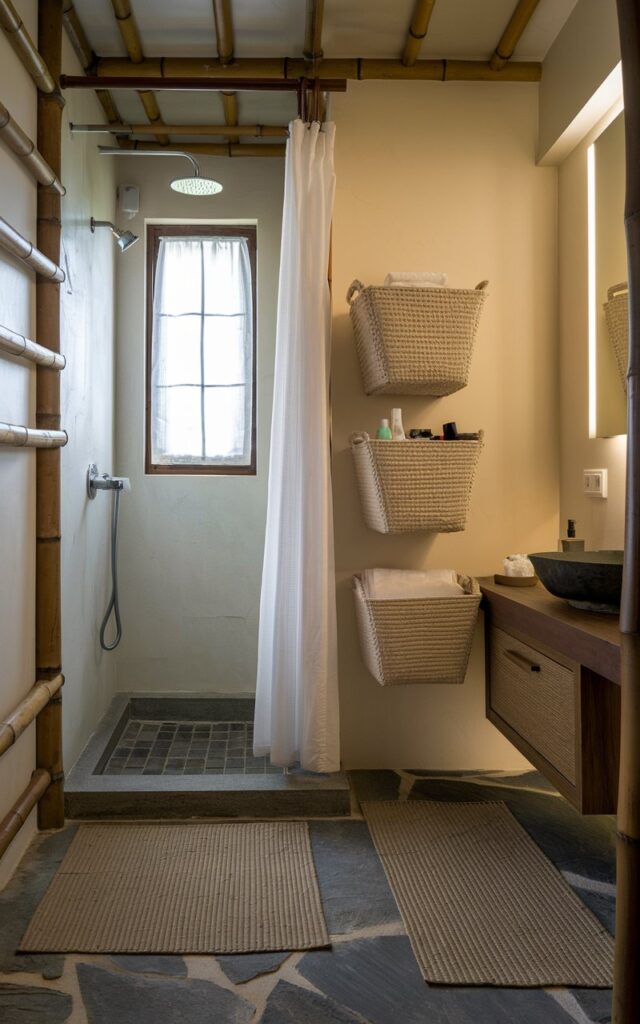 A photo of a small Asian Zen bathroom with a shower area, curtained window, floor rug, and a floating wooden vanity. There are two stacked storage bins made of natural woven materials in the unused corner on the wall, holding towels and cleaning supplies. The room has bamboo accents, stone flooring, and soft ambient lighting. The arrangement keeps the compact bathroom tidy and functional while maintaining a serene, spa-like Zen atmosphere.
