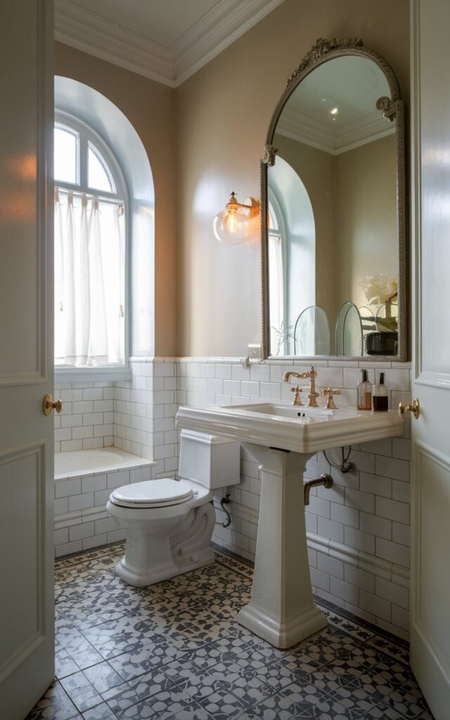 A photo of a modern Victorian bathroom with a sleek pedestal sink that keeps the floor fully visible, making the space feel larger. The bathroom has classic Victorian touches like subtle wainscoting, patterned floor tiles, and an arched mirror with ornate detailing. The room has a toilet, sleek bath tub. Soft, warm lighting highlights the polished brass faucet and a few carefully placed essentials on the countertop. The open floor space emphasizes the room’s compact charm while blending modern functionality with Victorian elegance.
