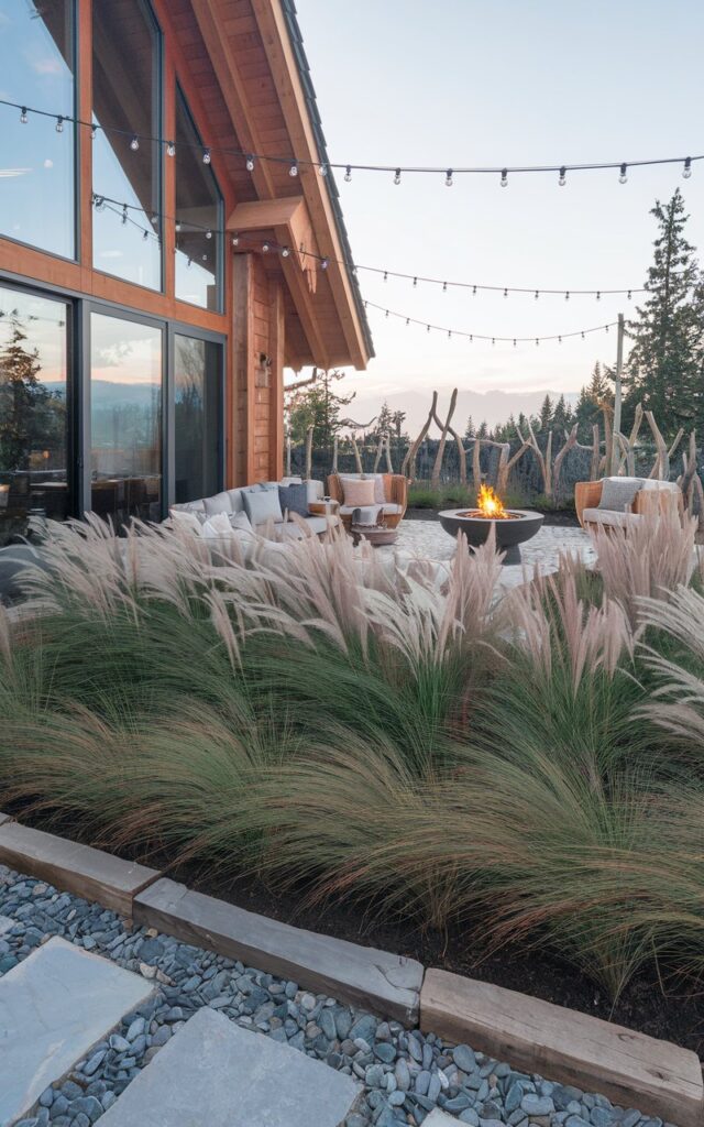 A photo of a backyard during dawn time with string lights on. The backyard is attached to a modern chalet-style house with large glass windows and timber accents. The landscape features layered tall grasses in varying heights—feathery pampas, blue fescue, and miscanthus—creating a soft, breezy texture. The grasses sway gently in the wind, set against natural stone edging. Driftwood sculptures and pebble paths enhance the coastal feel, while warm wood furniture, a firepit with plush seating, and cozy knit throws bring in the Alpine charm. String lights are hung overhead, and a view of distant mountains peeks through. The space feels serene, stylish, and refreshingly natural.