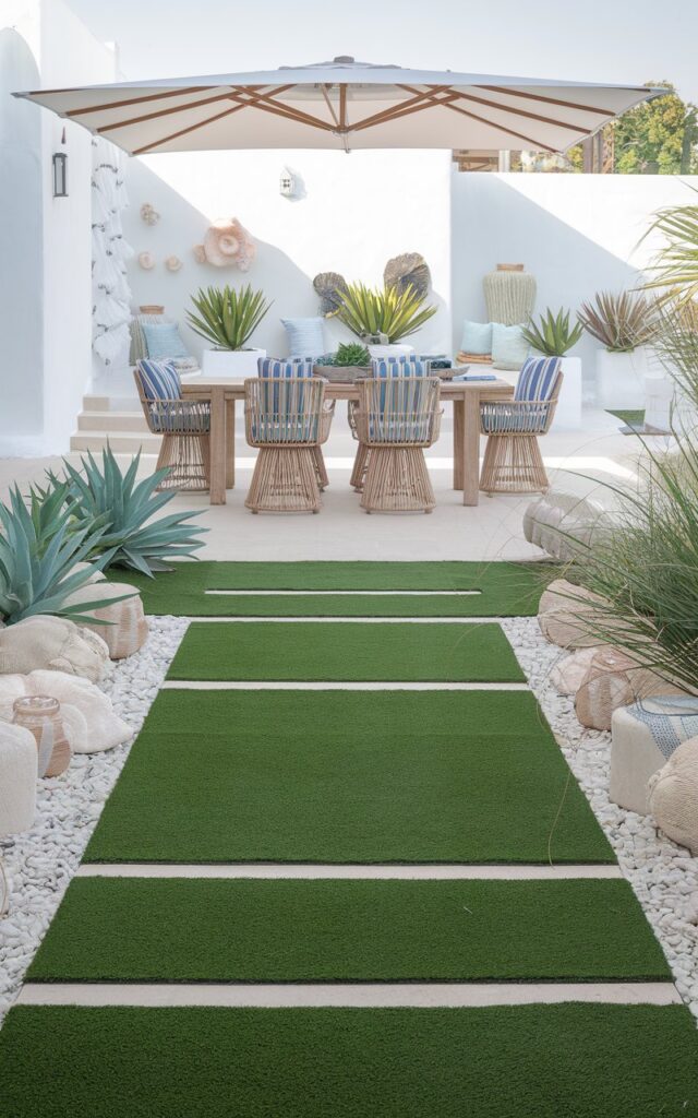 A photo of a coastal-chic backyard with a vibrant green artificial turf lawn. The turf seamlessly blends with clean stone pavers that lead to a whitewashed patio area. A sleek dining setup with a teak table, rattan chairs, and blue-striped cushions sits beneath a large white umbrella. The area is adorned with soft coastal touches, such as seashell planters, linen throws, and pale driftwood accents. Potted succulents and ornamental grasses surround the turf. The scene is illuminated by natural light.