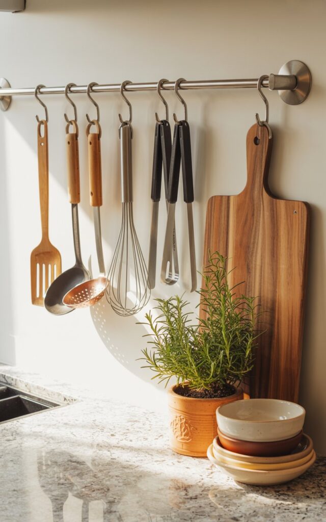 A photograph of a meticulously organized kitchen wall, showcasing a sleek stainless steel rail mounted above a light granite countertop. The rail neatly holds cooking tools on S-hooks – a wooden spatula, a copper ladle, a silver whisk, and black stainless steel tongs – arranged in a visually pleasing manner. Below, a weathered acacia wood chopping board rests beside a small terracotta planter filled with fresh rosemary, accompanied by a stack of three ceramic bowls in varying sizes. Soft morning light streams through a nearby window, highlighting the clean lines and warm textures of the space, creating a functional and inviting atmosphere.