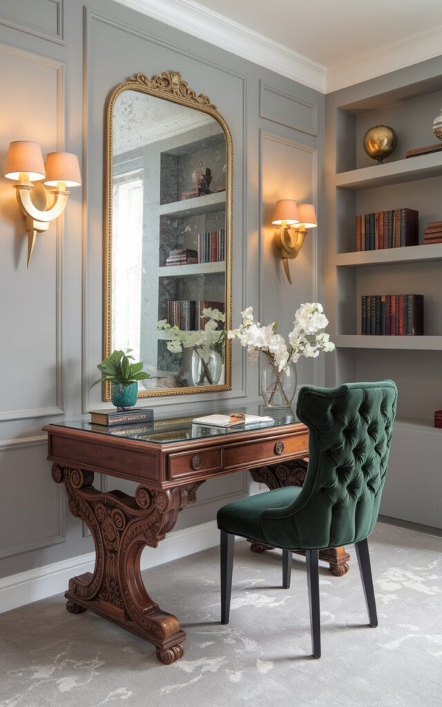 A photo of a stylish home office corner with a repurposed vintage table transformed into a charming desk. The table has intricate carved legs and a rich mahogany finish, topped with a sleek glass surface. A tufted velvet chair in deep emerald complements the desk and adds plush comfort. The backdrop includes soft gray walls with subtle molding details, a gilded mirror, and brass wall sconces emitting warm light. Nearby, a minimalist bookshelf holds leather-bound books and decorative accents, blending ornate Victorian charm with clean, modern lines for a timeless workspace.