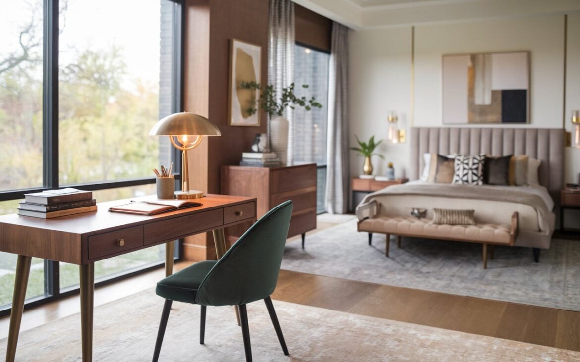 A photo of a stylish home office seamlessly integrated into a mid-century modern and chic bedroom. The space features warm wood tones, tapered furniture legs, and brass accents. A sleek walnut writing desk with minimalist lines sits near a large window, paired with a velvet upholstered chair in a soft blush or emerald tone. The desk has a lamp (warm light on), stack of books, pen holder, leather-bound journal, a small plant, etc. The bedroom includes a platform bed with a tufted headboard, geometric patterns on accent pillows, and a cozy area rug in muted tones. Modern art on the walls, subtle gold decor, and natural light complete the serene yet sophisticated atmosphere. The overall aesthetic is clean, functional, and effortlessly elegant. Natural light is filtered, soft.