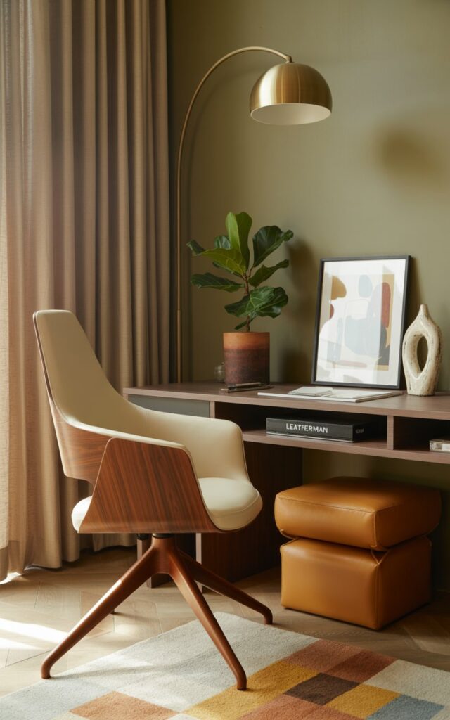 A photograph of a stylish home office nook nestled within a living room corner, embodying a mid-century modern and chic aesthetic. A cream-colored ergonomic chair with gracefully curved walnut detailing sits before a minimalist writing desk, holding a silver "LEATHERMAN" pen resting on a dark wood surface. A warm camel-toned leather footrest and a low-pile geometric rug in earthy tones define the space, while a golden arc floor lamp illuminates the area with a soft glow. A vibrant fiddle-leaf fig in a terracotta pot stands beside the desk, complemented by a framed abstract print and a sculptural ceramic vase, all bathed in gentle, ambient natural light.