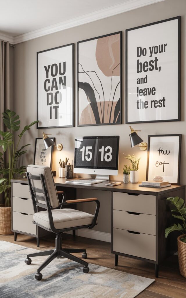 A stylish home office with 2–3 inspiring artworks and motivational quotes "You can do it", "Do your best, and leave the rest" hung at eye level, creating a personal and uplifting workspace. The desk area is framed by a gallery wall featuring 2-3 minimalist frames with abstract art, botanical prints, and elegant typography quotes. A clean-lined desk with a comfortable chair sits against the wall, accented with small plants and warm lighting. The overall style blends functionality with personality, making the office feel motivating, creative, and visually balanced.