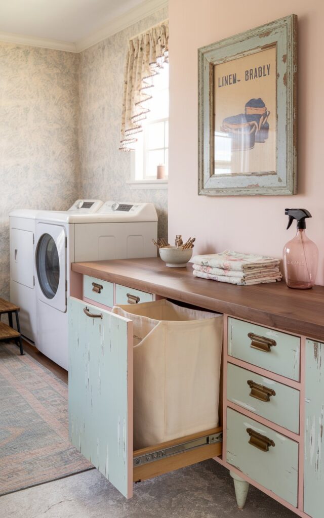 A photo of a laundry room with a mid-century modern structure and shabby chic charm. There is a walnut-toned floating counter with a built-in pull-out hamper drawer. Inside the drawer, there is a soft canvas laundry bag tucked inside a pastel-painted cabinet. The cabinet has classic mid-century tapered legs, distressed white paint, and vintage brass handles. The counter holds a ceramic dish for clothespins, a stack of floral linen towels, and a blush-pink glass spray bottle. The wall is adorned with pale floral wallpaper, and a retro-style laundry print in a worn wooden frame hangs nearby. The room has a dryer and washer, a stepping stool, an area rug, and a curtained window.