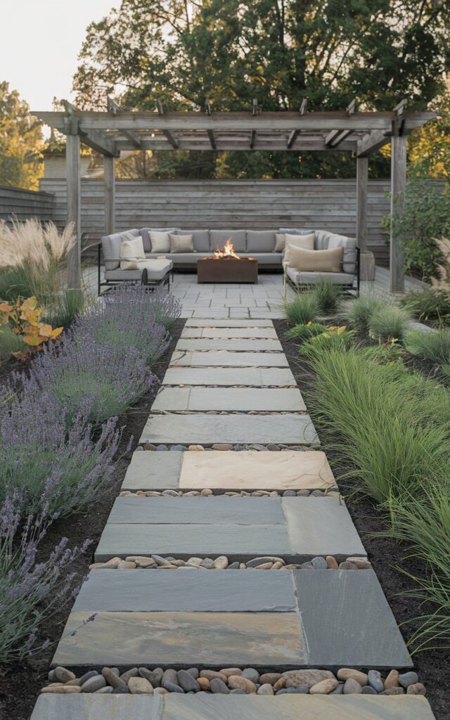 A photo of a stylish modern rustic backyard with artfully stacked uneven stone pavers creating a low garden border. The pavers have varying tones of charcoal, taupe, and sandstone, blending seamlessly with the natural surroundings. The garden beds are filled with low-maintenance greenery like lavender, boxwood, and ornamental grasses. In the background, a weathered wood pergola shades a modern lounge area with neutral-toned cushions and a fire pit.