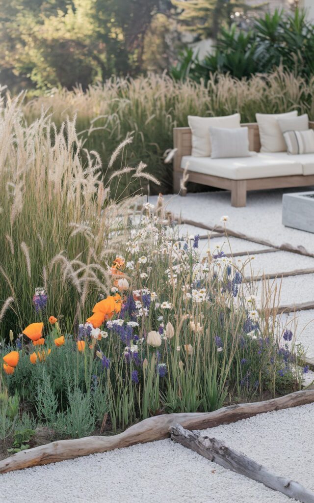 A photo of a sun-soaked California coastal luxe backyard with a curated wildflower patch. The patch is in a natural corner and is filled with native flowers like California poppies, lupines, and yarrow. The patch is surrounded by white gravel paths, driftwood edging, and tall ornamental grasses that sway in the breeze. Near the patch, there's a sleek teak lounge area with cream cushions and a fire pit. The vibe is effortlessly chic, with nature and sophistication coexisting in perfect harmony.