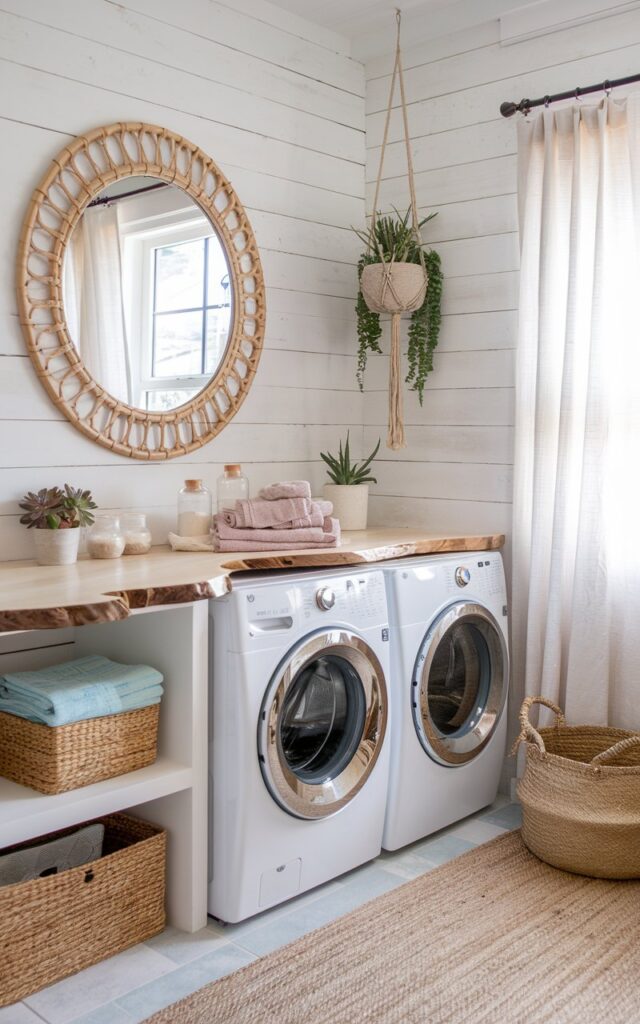 A photo of a sunlit coastal modern boho laundry room with whitewashed walls and light oak accents. A large, rounded rattan-framed mirror hangs above a floating shelf, reflecting soft daylight and making the space feel open and breezy. Below the mirror, a front-load washer and dryer sit side by side, topped with a live-edge wood countertop. Essentials like woven baskets, folded Turkish towels, and glass jars of detergent are neatly arranged. Potted succulents and a hanging macramé planter add natural texture, while a jute rug softens the pale tiled floor. Light linen curtains flutter slightly from a nearby window, completing the relaxed, beachy vibe.