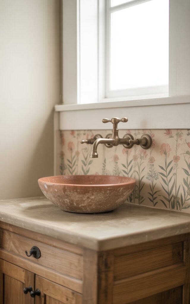 A photograph of a quaint farmhouse bathroom centered around a compact, wall-mounted faucet with brushed nickel finish installed above a rustic vanity. The vanity features a natural wood base, a smooth stone countertop supporting a terrazo vessel sink, and simple black iron hardware, with a pastel floral backsplash adding a touch of charm. Soft, diffused light streams through a small window, illuminating the clean lines of the faucet and the warm textures of the wood and stone. The overall scene evokes a feeling of peaceful simplicity and understated elegance.