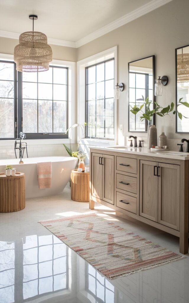 A photo of a traditional Scandi modern full bathroom. There is a freestanding tub, a wooden vanity with clean lines, and matte black fixtures. The bathroom has a light, reflective rug that brightens the space and makes it feel larger. Natural light pours in through large windows, reflecting off the bright designer rug and subtle neutral-toned walls. There are accents like woven baskets, potted greenery, and minimal décor items. The bathroom has a fresh, airy, and inviting atmosphere.