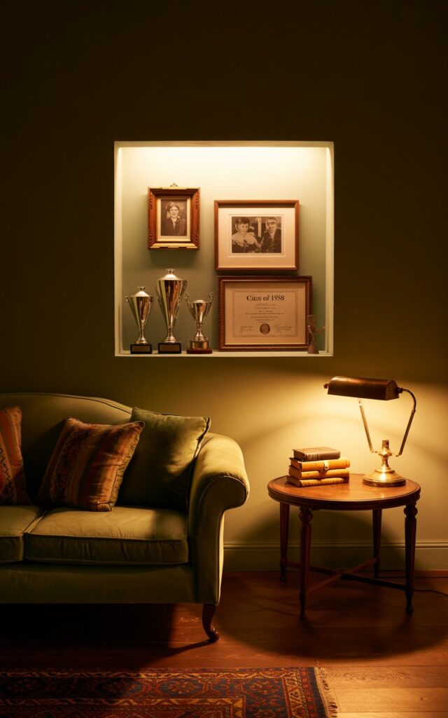 A photograph of a traditional living room bathed in the warm glow of ambient light at night. The room's focal point is a small square alcove highlighted by subtle accent lighting, showcasing a collection of polished wooden trophies, vintage black and white family photos in ornate frames, and a single diploma bearing the inscription "Class of 1958". A plush, deep-green velvet sofa sits opposite the alcove, adorned with patterned cushions and a hand-knotted Persian rug, while a mahogany side table holds a brass reading lamp and a stack of antique books. Soft, golden light emanates from the alcove and lamp, casting gentle shadows across the rich wood floors and creating a cozy, intimate atmosphere.