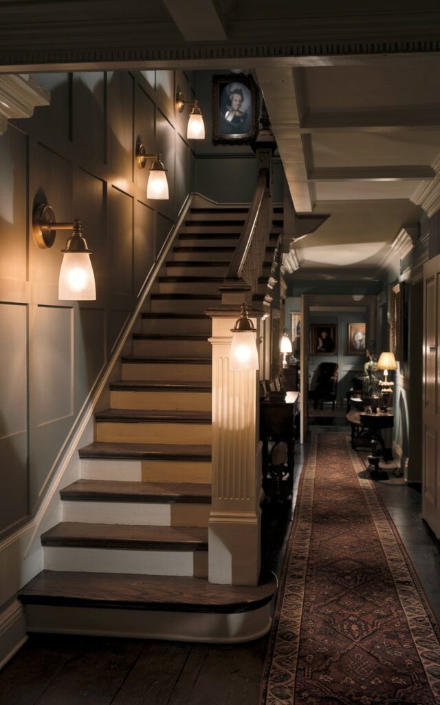 A photo of a traditional-style house interior at night, with a staircase softly illuminated by 2-3 side-mounted wall sconces along the steps. The sconces feature classic brass fixtures with frosted glass shades, casting warm, ambient light that highlights the rich wooden treads and detailed molding on the staircase. Shadows dance gently on the paneled walls, enhancing the cozy, timeless atmosphere. The surrounding hallway is dimly lit with vintage decor elements like a patterned runner rug, framed portraits, and antique furniture, creating an inviting and elegant nighttime scene.