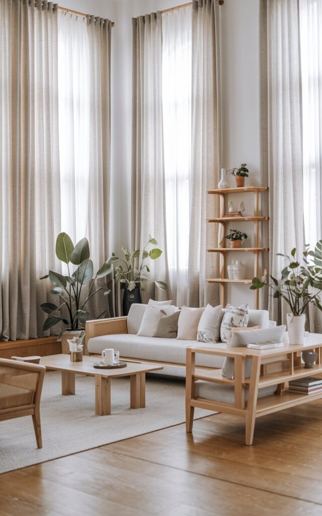 A photo of a Scandi-style living room with a transitional aesthetic. The room has a wooden floor, a light-colored sofa with layered cushions, a coffee table, wooden side furniture, and shelves with minimal décor. There are also indoor plants. The walls have light, neutral-toned curtains that hang higher than the wooden window frame, creating the illusion of larger windows. The curtains flow from ceiling height, drawing the eye upward and brightening the space. The room has natural wood textures, clean lines, and soft lighting, enhancing the refreshed, airy, and inviting atmosphere.
