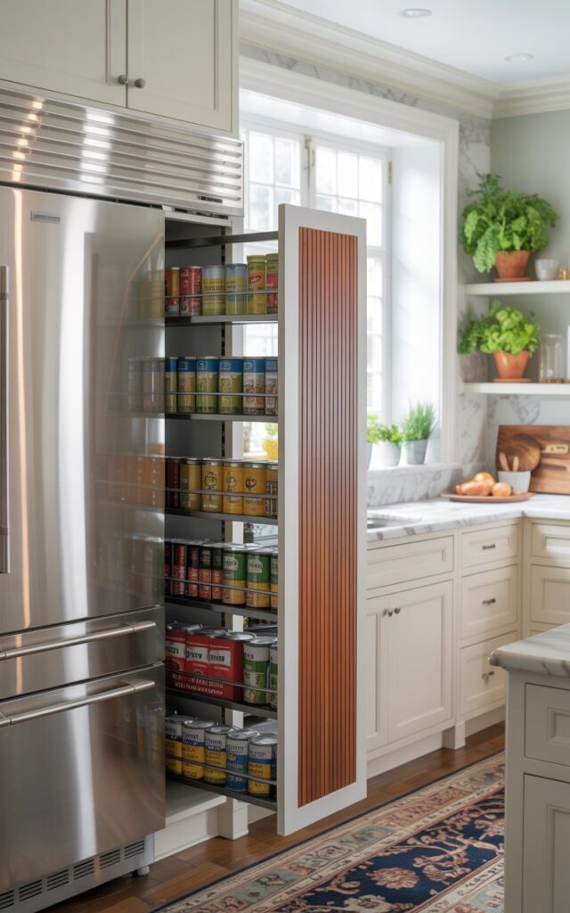 A photograph of a bright and airy transitional kitchen with a focus on a sleek, stainless steel pull-out pantry. The pantry's interior is partially open, revealing neatly organized rows of canned goods and snacks, with a warm wood accent paneling its lower section. Elegant marble countertops contrast with classic white cabinetry, while a plush patterned rug and a small potted herb garden on open shelving add a touch of warmth and character. Soft, diffused natural light streams through a nearby window, highlighting the kitchen's modern sophistication and inviting atmosphere.