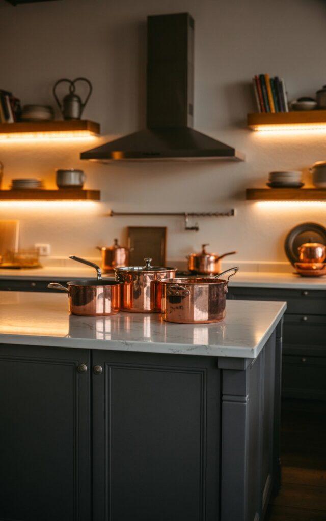 A photograph of a transitional kitchen bathed in the soft glow of a night setting. The scene centers on a sleek, dark grey kitchen island with a white marble countertop, showcasing a collection of vintage copper pots and pans. Above the island, a modern stainless steel range hood is paired with open shelves displaying ceramic dishes and cookbooks. Warm LED strip lights under the cabinets illuminate the space, casting subtle shadows and creating a cozy, inviting atmosphere.