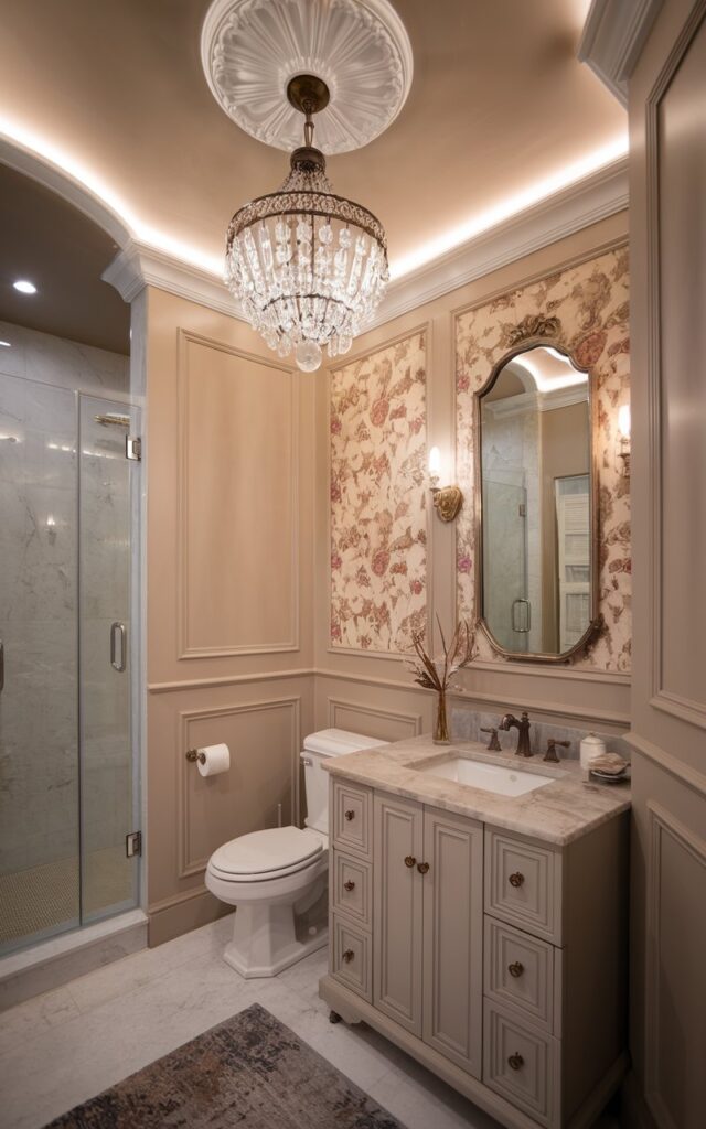 A photo of a windowless transitional-style bathroom with a Victorian twist. The ceiling is painted in a soft pale mushroom tone to bring warmth and intimacy to the space. An ornate mini chandelier with crystal droplets and antique brass detailing is hanging from the center, casting a romantic glow. The walls feature panel molding in a muted ivory, complemented by a marble-topped vanity in a soft greige finish. Classic Victorian elements like floral wallpaper accents and curved hardware blend effortlessly with clean, modern lines. The space also has a toilet, shower area, and floor rug. The natural light is soft and ambient. The focus is on the ceiling.