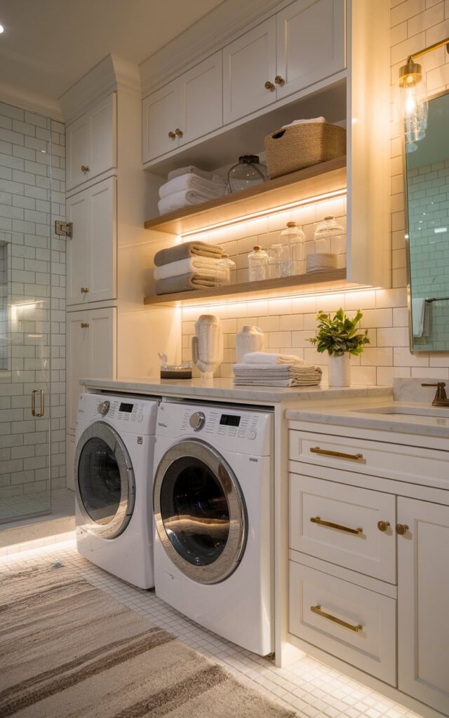 A night-time photo of a transitional-style bathroom with an integrated laundry nook. The space has a front-loading washer and dryer built into custom cabinetry with white shaker-style doors and brass handles. Above the washer and dryer, open wooden shelves hold folded towels, glass jars, and woven baskets. Soft LED strip lights glow warmly beneath the bottom shelf, casting a cozy light onto the countertop workspace. The bathroom features a mix of modern fixtures and classic touches—subway tile backsplash, marble countertops, and brushed gold accents. A plush neutral rug and a small indoor plant add warmth and comfort to the shared space.