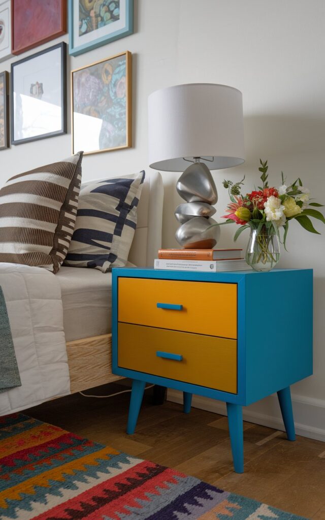 A photo of a maxalist + mid-century modern bedroom with a vibrant color scheme. The room features a bed layered with patterned pillows and contrasting textures. Next to the bed, a bold nightstand painted in electric blue and mustard yellow grabs attention. The nightstand has classic mid-century tapered legs and sleek drawer pulls. On top of the nightstand, there's a sculptural lamp, a quirky book stack, and a mini vase with fresh blooms. The room also has a gallery wall art and an oversized rug. The colorful nightstand adds a playful contrast and proves that no piece is too small to make a statement. The room is lit only by the lamp, with no natural light.