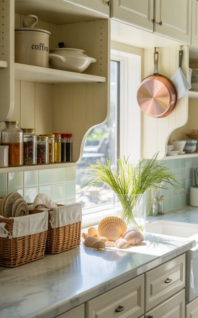 A photograph of a bright, airy California coastal-style kitchen, showcasing a neatly organized row of white cabinetry. A ceramic canister labeled "Coffee" sits prominently on an open shelf alongside glass jars filled with colorful spices and oils, while a copper pan hangs from a rack directly above a pristine marble countertop. Sunlight streams through a nearby window, illuminating a vase of freshly cut seagrass and a collection of seashells displayed on the countertop, creating a serene and functional space. The overall scene is framed by a pale blue tiled backsplash and woven wicker baskets holding kitchen linens, emphasizing the relaxed coastal aesthetic.