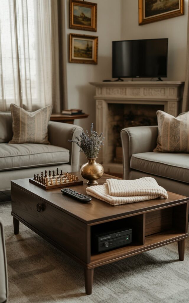 A photograph of a warmly lit European-style living room centered on a dark walnut coffee table that functions as storage. The table features a collection of neatly arranged objects: a vintage remote control, a cream-colored knit blanket, and a classic wooden chess set, all styled with a small antique brass vase holding a few sprigs of dried lavender. A plush, dove-grey sofa and two armchairs face the table, adorned with patterned cushions against a backdrop of walls displaying framed landscape paintings and a flat-screen TV discreetly mounted above a stone fireplace. Soft, diffused light filters through sheer linen curtains, creating a cozy and inviting atmosphere.