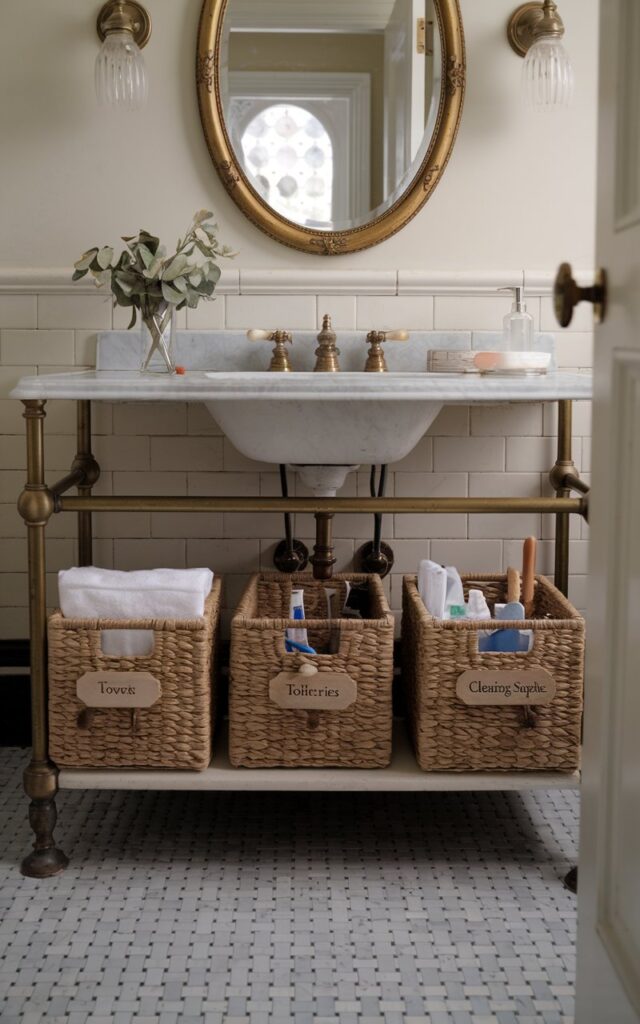 A vintage + chic bathroom with woven baskets neatly placed under the vanity, each featuring a small wooden tag engraved with “Towels,” “Toiletries,” and “Cleaning Supplies,” and essentials inside it. The vanity has a marble countertop, ornate brass faucet, and an oval gold-framed mirror above it. The floor features classic black-and-white checker tiles, while the walls are painted in a soft pastel hue. Show close view of the baskets with labels.