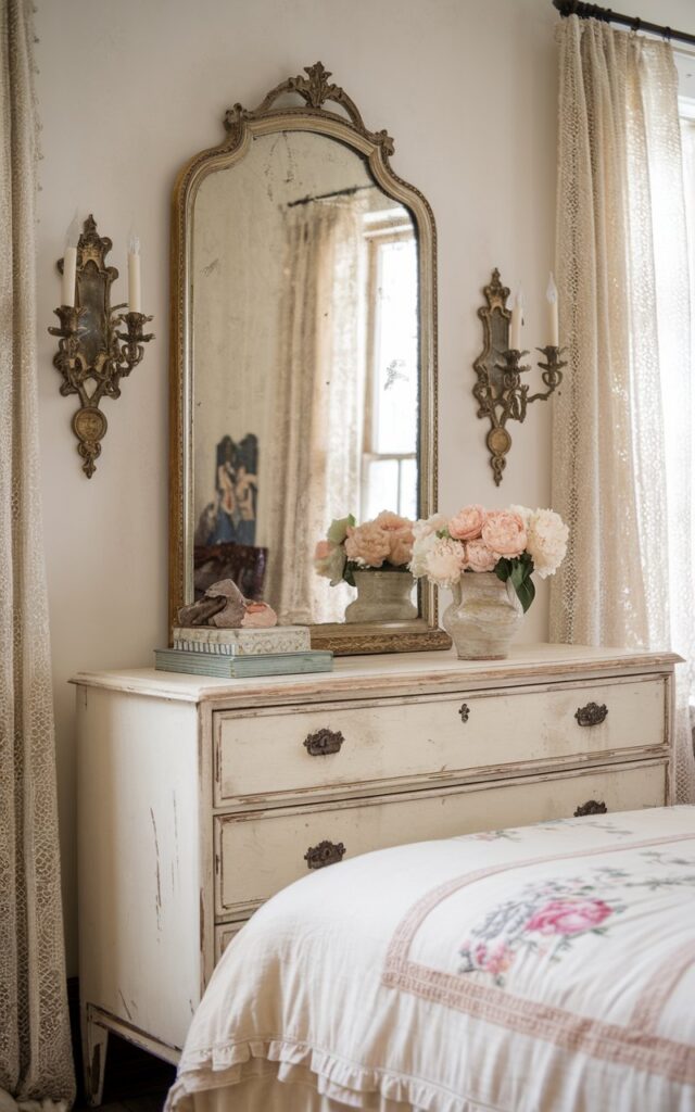 A photo of a vintage-chic bedroom with a distressed white dresser topped with an antique mirror. The mirror has an ornate, slightly faded gold frame. Elegant brass wall sconces are mounted on either side of the bed, casting a warm, cozy glow. The bed is dressed in embroidered linens and ruffled pillows, and fresh peonies sit in a ceramic vase nearby. Delicate lace curtains and vintage artwork complete this dreamy, nostalgic, and romantic space.