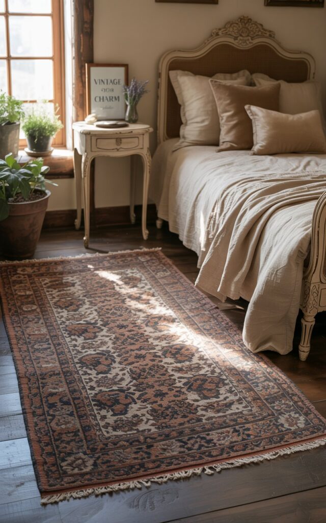 A photograph of a cozy countryside bedroom centered around a large Persian wool rug with a rich, textured floral pattern. The rug anchors the space, sitting beneath a beautifully made antique bed with a carved wooden headboard and soft linen bedding in muted cream and beige tones. A vintage vanity sits nearby, adorned with a small vase of lavender and a framed print displaying "VINTAGE CHARM", while soft natural light streams in through a window, highlighting the room's warm, inviting textures and the intricate details of the rug. The room has subtle rustic accents, such as exposed wooden beams and a few potted plants, creating a refreshed, elegant, and cozy atmosphere.