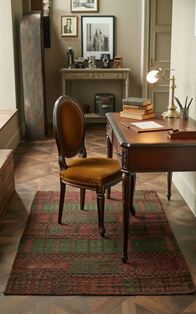A photograph of a charming vintage-inspired home office nestled within a spacious entryway. A rectangular rug with a geometric pattern of deep burgundy and forest green anchors a dark mahogany writing desk with intricately carved legs and a plush, velvet antique chair. A brass banker's lamp illuminates a stack of leather-bound books and a silver pen holder on the desk, while the entryway beyond features a weathered coat stand and a console table displaying a collection of vintage cameras and framed black and white photos. Soft, warm light filters in from a nearby window, casting gentle shadows and highlighting the rich textures of the space.