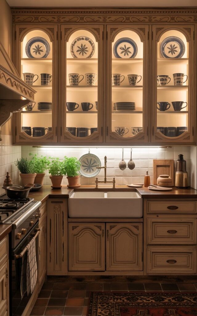 A photograph of a beautifully designed vintage kitchen featuring a collection of “Hand-painted Ceramic” displayed within elegant glass-front cabinets. The cabinets are crafted from a warm, aged wood with intricate carvings and illuminated by soft LED lights highlighting the neatly arranged mugs, bowls, and plates. A farmhouse sink sits beneath the cabinets, alongside vintage appliances, a tiled backsplash, and a patterned rug adding a cozy touch while soft, diffused lighting enhances the inviting atmosphere. Potted herbs are placed on the countertop adding a touch of life and a nostalgic feel.