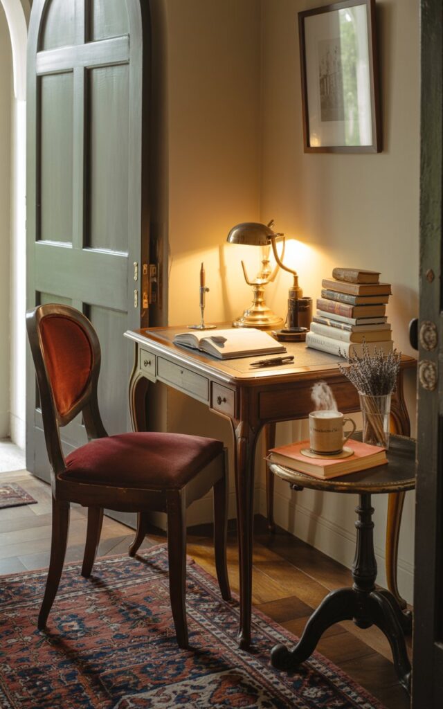A photograph of a cozy vintage home office nestled into an entryway corner, centered around an antique wooden writing desk with gracefully curved legs. The desk is adorned with a brass desk lamp casting a warm glow upon a stack of open books and a vintage fountain pen resting on its surface, while a classic ergonomic chair with a deep burgundy velvet upholstery sits poised invitingly. Beside the desk, a small, round side table supports a ceramic mug filled with steaming coffee, a few leather-bound books, and a small bouquet of lavender. Softly patterned Persian rugs ground the space, creating an inviting and functional nook bathed in natural light filtering through a nearby arched doorway.