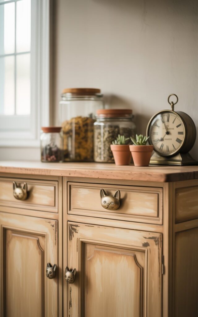A photograph of a beautifully aged kitchen cabinet, centered against a soft, neutral wall. The cabinet boasts a warm, honey-toned wood finish with subtle distressing and features two unique cat-shaped handles in brushed gold. Resting on the cabinet's top are a collection of vintage ceramic jars filled with dried herbs, a small antique clock with roman numerals, and a couple of tiny terracotta pots holding delicate succulents. Soft, diffused sunlight streams in from a nearby window, highlighting the playful details and creating a cozy, nostalgic atmosphere.