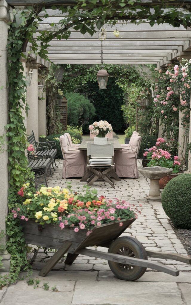 A photo of a vintage traditional fully furnished backyard with a welcoming garden entrance. A weathered wooden wheelbarrow planter overflows with vibrant annuals in pinks, yellows, and purples, their blooms spilling gracefully alongside trailing ivy. A cobblestone path leads deeper into the backyard, lined with wrought-iron benches, potted roses, and a small stone birdbath. The dining area, shaded by a classic pergola, is furnished with a sturdy wooden table, linen-covered chairs, and vintage lanterns. Ornamental shrubs, climbing roses, and aged terracotta pots complete the old-world, storybook atmosphere.