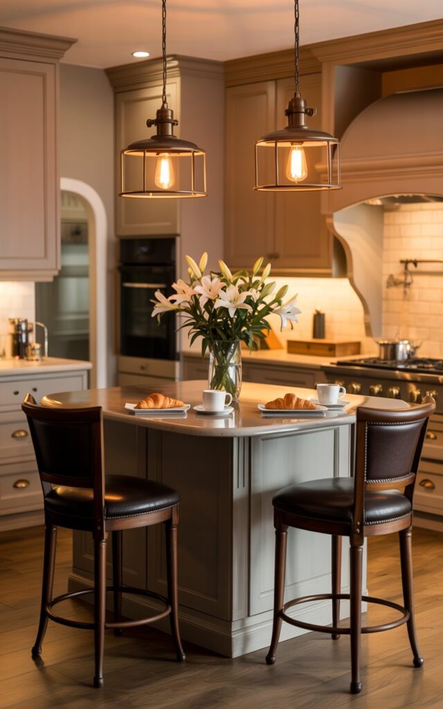 A photograph of a fully furnished vintage transitional kitchen centered around a sleek, compact island with a polished quartz countertop. Two dark brown leather bar stools with elegant handrests are positioned around the island, each holding a plate with a croissant and a cup of steaming coffee. Above the island hang two industrial-style metal pendant lights with warm Edison bulbs illuminating the space, which also features classic cabinetry with brushed brass hardware, warm oak flooring, and a vase of fresh white lilies on the island. The kitchen is bathed in soft, warm artificial lighting creating a cozy and inviting atmosphere.