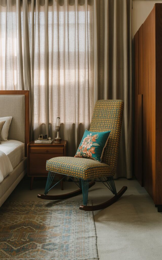 A photograph of a tastefully decorated vintage-transitional style bedroom featuring a statement rocking chair in the corner as the focal point. The rocking chair is upholstered in a bold, geometric patterned fabric of mustard yellow and teal, accented by a playful cushion displaying a vibrant floral design, its curved silhouette adding a touch of whimsy to the space. A plush, patterned floor rug anchors the room, while a mid-century modern bed with a linen headboard sits nearby, alongside a dark wood nightstand and a sleek wardrobe; soft, ambient light filters through sheer linen curtains, casting a warm glow across the room and enhancing the cozy atmosphere. The scene is captured in a full view, emphasizing the room's thoughtful design and layered textures.