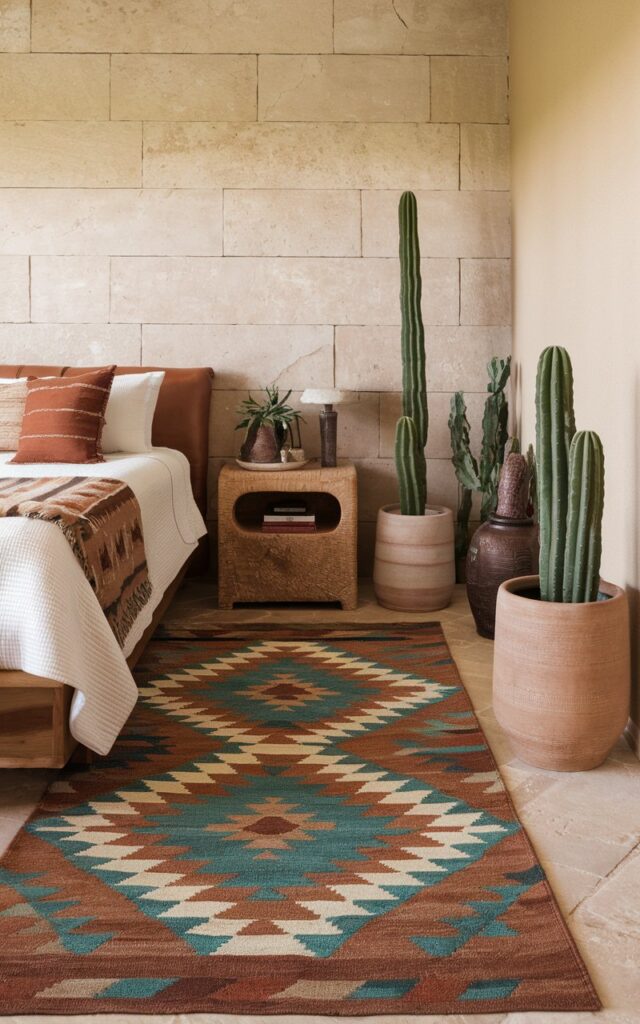 A photo of a warm and stylish Southwestern chic bedroom. The room features a bold, patterned area rug with earthy tones like terracotta, deep turquoise, and sandy beige. The rug sits beneath the bed, extending outward to frame the space and tie everything together. Its tribal-inspired design adds instant personality and visual depth. Around the room, beige tiled walls contrast with rustic wood furniture, cactus plants in ceramic pots, and leather or suede accents. Throw pillows and blankets echo the rug’s palette. The vibrant rug grounds the space with Southwestern soul while keeping the vibe polished and modern.