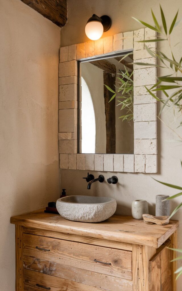 A photo of a warm, balanced bathroom blending farmhouse comfort with an Asia Zen touch. The bathroom features a mirror framed in light stone tiles, like limestone or travertine. The stone adds an earthy, grounded texture around the mirror, set against a plastered beige wall. Below the mirror, a reclaimed wood vanity with clean lines holds a stone vessel sink and minimal ceramic accessories. Soft ambient lighting and a bamboo plant add to the calming, spa-like energy. The mix of rustic farmhouse wood and serene Asian-inspired materials creates a peaceful, tactile space that feels both soulful and natural.