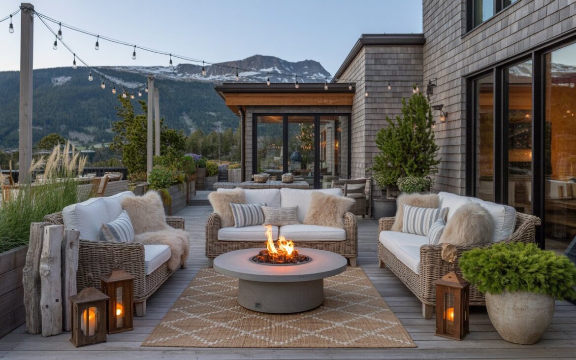 A photograph of a fully furnished outdoor patio blending modern alpine chic and coastal style, seamlessly integrated with the side of a contemporary grey stone house. The patio's centerpiece is a circular stone fire table crackling with warm flames, surrounded by weathered driftwood and antique brass lanterns casting a soft glow on the wicker and teak furniture. Plush linen cushions in sandy beige and sea blue are layered with faux-fur throws and striped coastal pillows, all anchored by a woven rug featuring a subtle geometric alpine pattern, while overhead festoon lights crisscross against a backdrop of snow-capped mountains. Lush evergreens and ornamental grasses spill from large ceramic planters, adding vibrant life and color to the inviting space.
