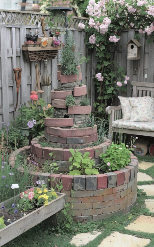 A photo of a cottagecore backyard with a whimsical charm. There's a small herb spiral made of reclaimed stone and brick, spiraling upward with rosemary, thyme, mint, and other aromatic herbs. The spiral sits at the corner of a cozy garden, surrounded by wildflowers, mismatched wooden planters, and vintage garden tools. Nearby, a wooden bench with floral cushions invites rest under a climbing rose arch. There is a separate lounge area with cushions. A handmade birdhouse hangs from a post.
