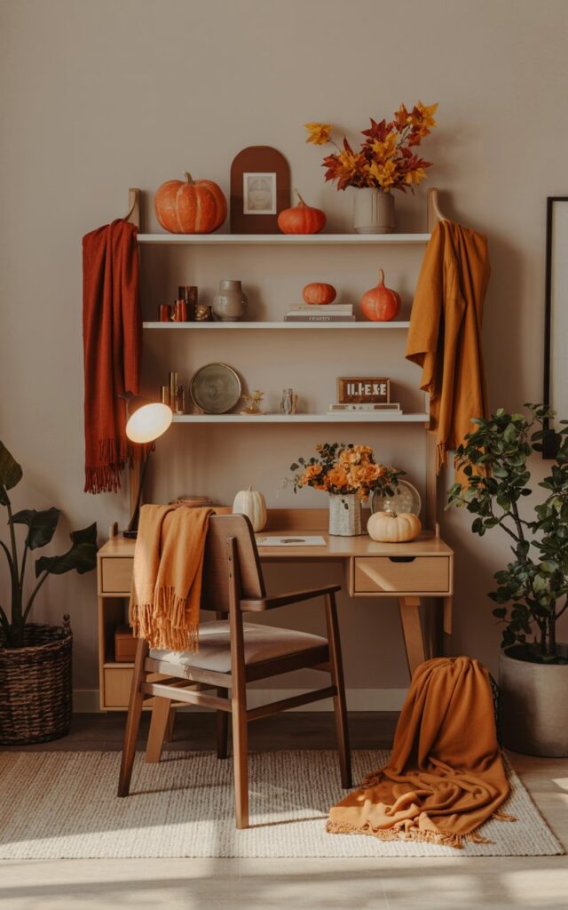 An American-style home office minimally decorated for fall, featuring a rotation of seasonal decorative items. The desk and shelves display a few pumpkins, autumn leaves, cozy textiles, and warm-toned ceramics. A wooden desk with a classic chair sits atop a neutral rug, complemented by soft lighting and layered blankets. Earthy colors like burnt orange, deep reds, and golden yellows dominate the space, while potted greenery adds freshness. The overall atmosphere is cozy, welcoming, and perfectly balanced between functional workspace and seasonal charm. Natural light is soft, ambient. Decor is minimal and neat.