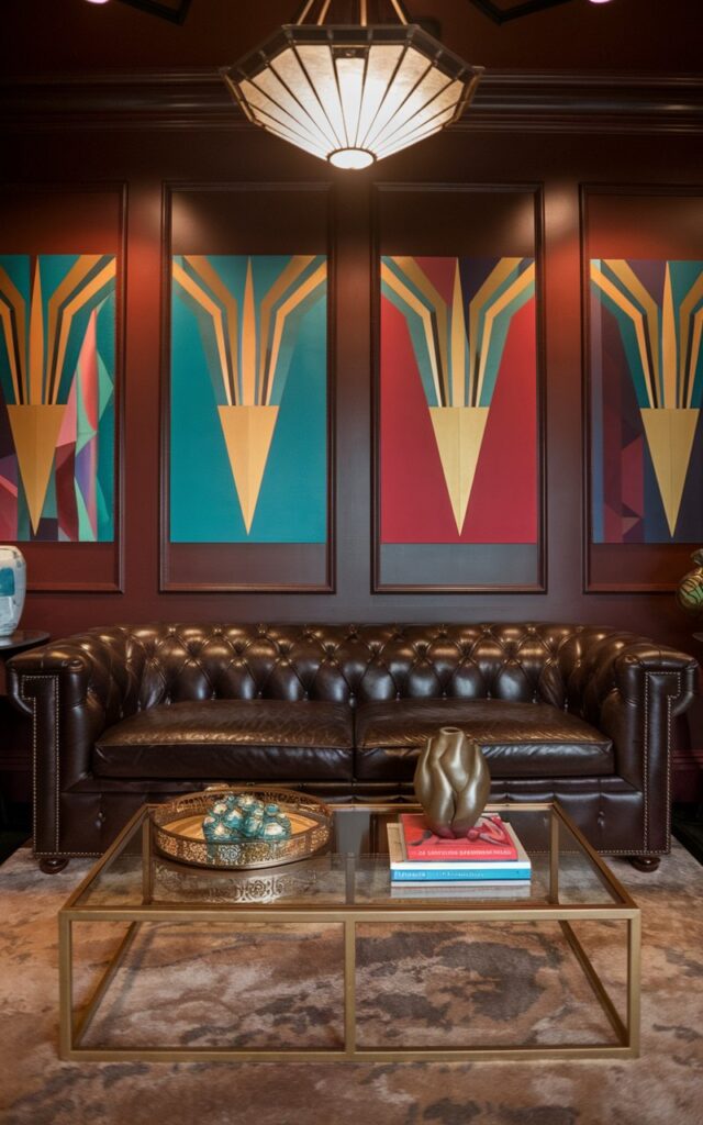 A photo of an Art Deco style living room with a sleek leather couch as the centerpiece. The couch is placed on a plush area rug. Above the couch, there is a statement pendant light. The walls are painted in a rich, moody tone. A stylish coffee table with a glass top and gold frame is placed in front of the couch, holding a decorative tray, art books, and a sculptural vase. The room is fully furnished. The walls feature bright, colorful wall art in bold geometric patterns and vivid hues like turquoise, gold, and deep red.