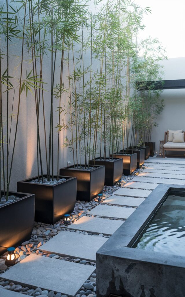 A photo of a Zen and chic fully furnished backyard with a harmonious and modern feel. Along one side, tall potted bamboo plants are arranged in 2-3 sleek, matte black ceramic containers, forming a natural green screen that hides an unsightly view. The bamboo sways gently, adding a soothing sense of movement and privacy. Nearby, a low teak bench with cream cushions invites quiet reflection, positioned beside a rectangular stone water feature with soft ripples. The ground is layered with smooth river pebbles and stepping stones leading toward a minimalist patio space. Lantern-style lights and subtle ground spotlights accentuate the bamboo's height, blending elegance with serene outdoor living.