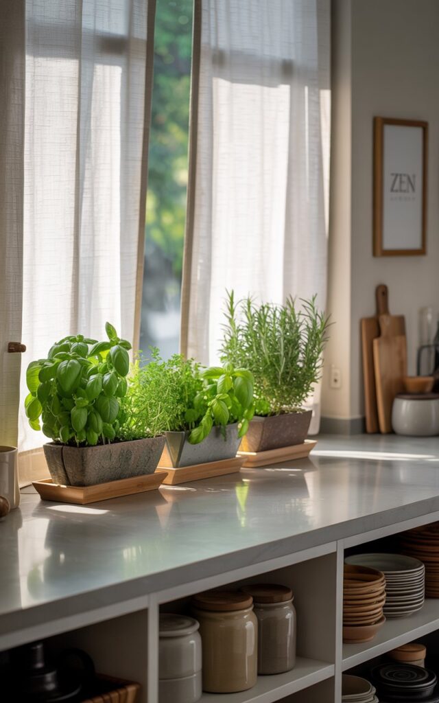A photograph of a meticulously organized Asia Zen-style kitchen counter, featuring three window planters overflowing with vibrant basil, mint, and rosemary herbs. The planters sit neatly on a wide, curtained window sill, revealing smooth gray stone countertops and minimalist open shelving stocked with ceramic jars and neatly stacked bamboo cutting boards. Soft sunlight streams through linen curtains, illuminating the herbs and casting gentle shadows across the clean lines of the kitchen, creating a serene and functional space. In the background, a single framed print with the word "zen" hangs on the wall, contributing to the calm and airy atmosphere.