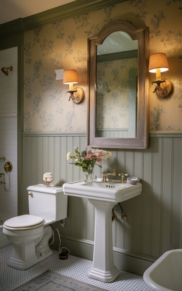 A photo of an English countryside bathroom. The room contains a vintage wood-framed mirror with two fabric-shaded wall sconces on either side. The sconces cast a warm, golden light. The walls are painted in a muted sage hue and feature classic paneling and subtle floral wallpaper. Below the mirror, a porcelain pedestal sink sits alongside brass fixtures and a vase of fresh-cut garden flowers. The room has a toilet, a shower area, and a floor rug.