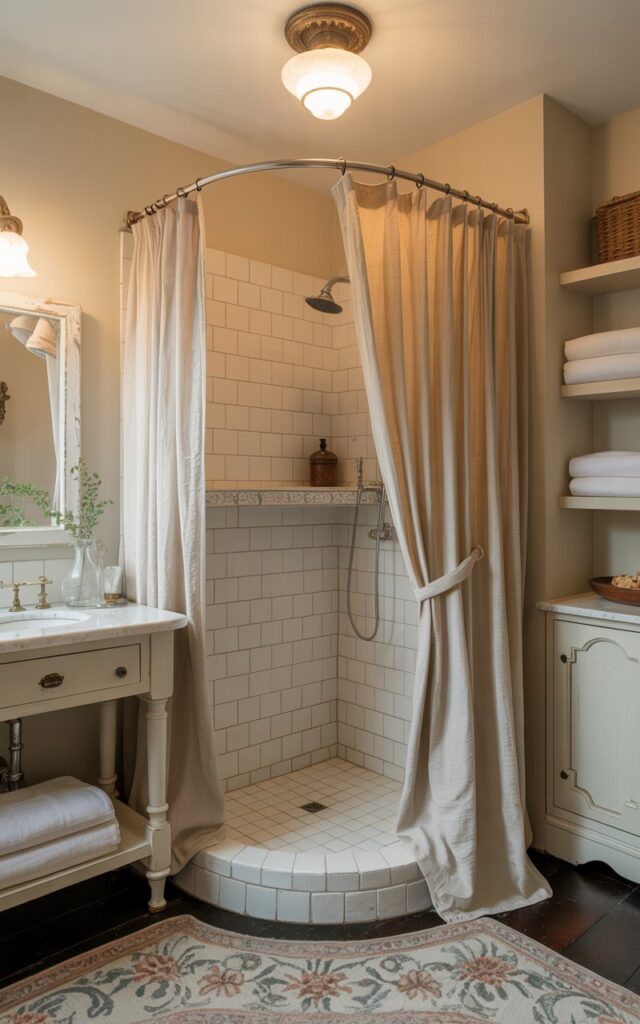 A photograph of a charming English countryside bathroom centered around a corner shower enclosure. The shower features a curved chrome shower rod draped with a cream-colored linen curtain that softly illuminates the interior space. A classic white vanity with antique brass fixtures sits adjacent to the shower, complemented by open shelves displaying neatly folded white towels and a plush woven rug in muted floral tones. Soft, diffused light emanates from a vintage-style ceiling fixture, creating a warm and inviting atmosphere within the quaint, rustic-detailed room.